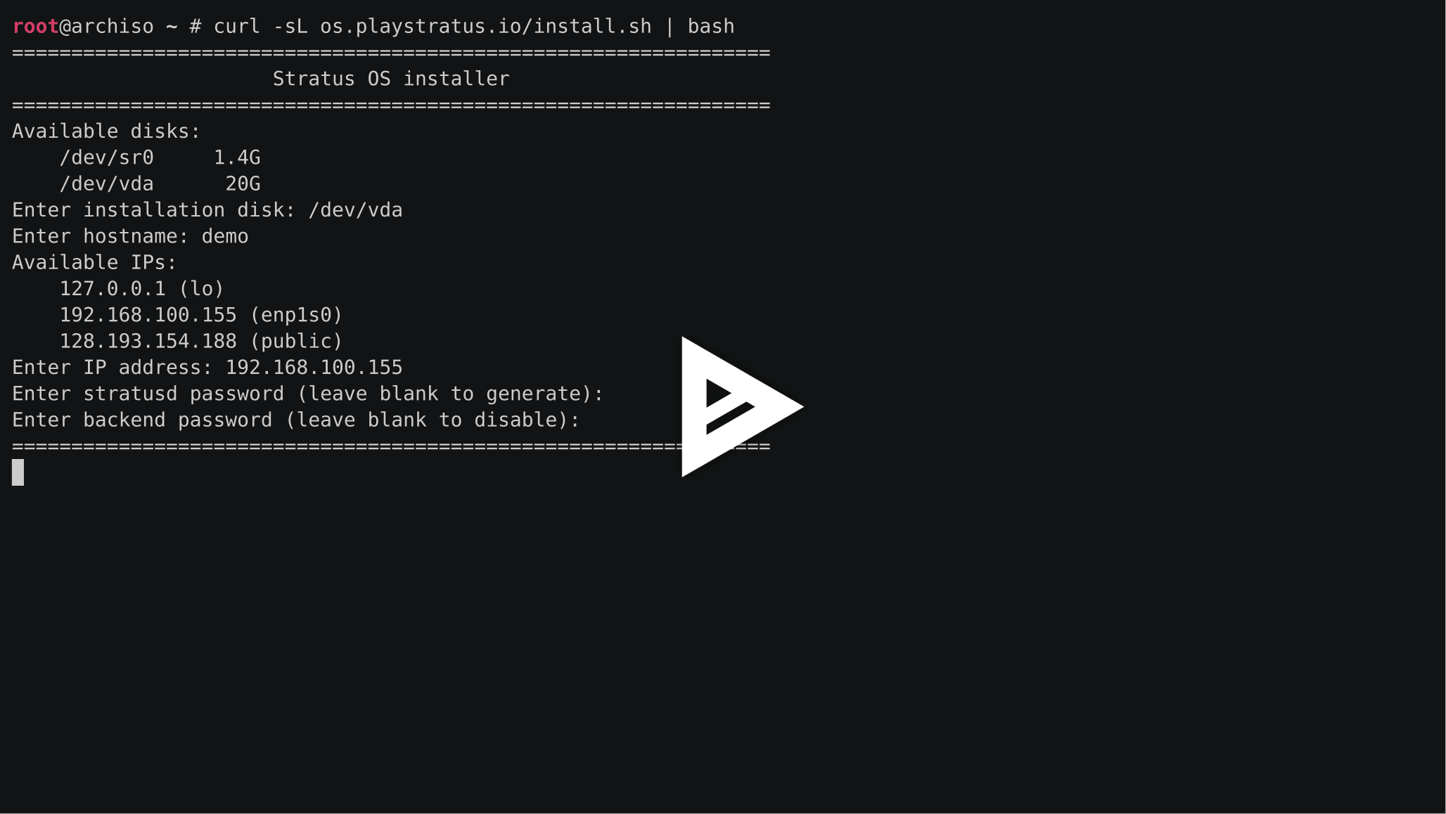 An Asciinema recording of the Stratus OS installer (click to play).
